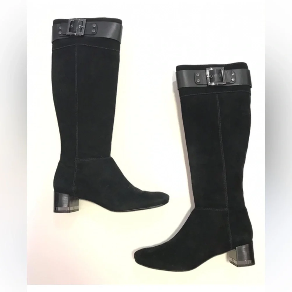 Tory Burch Black Suede Leather Tall Boots Buckle Trim Low Heel Women Sz 7